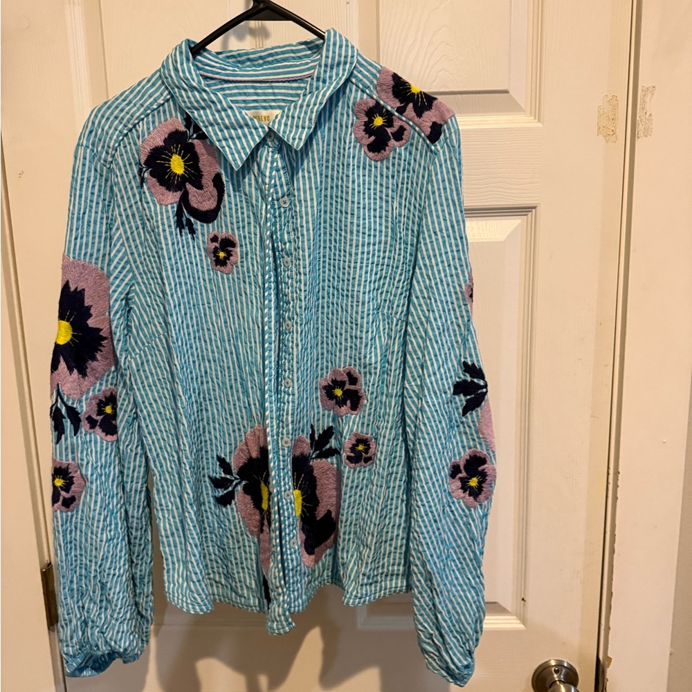 Anthropologie Blue Boxy Button Down Shirt with Notched Collar